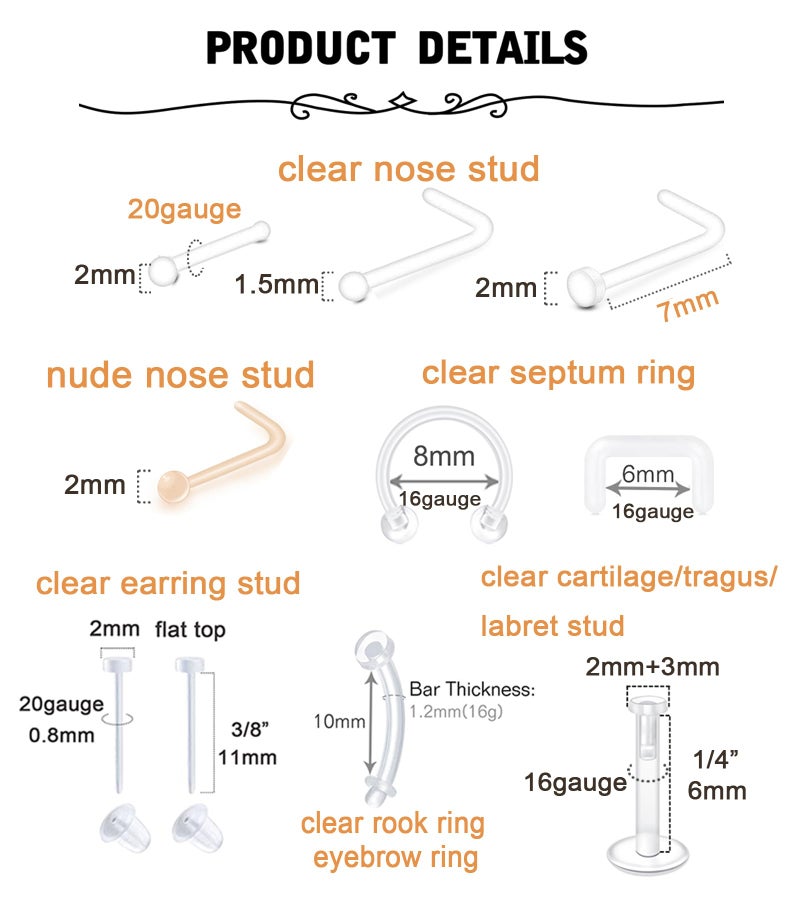 MODRSA Clear Nose Studs Clear Nose Rings for Work Plastic Nose Rings for Surgery Clear Nose Piercing Retainer Plastic Nose Stud Lip Septum Retainer Clear Earrings for Sports Plastic Belly Button Rings - Image 2
